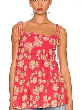 Free People Indigo Molly Red Floral Tie-Shoulder Tunic Top Size S